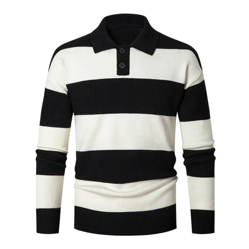 Men's Casual Contrast Color Striped Polo Collar Long Sleeve Loose Sweater 13307346M sold by Manly