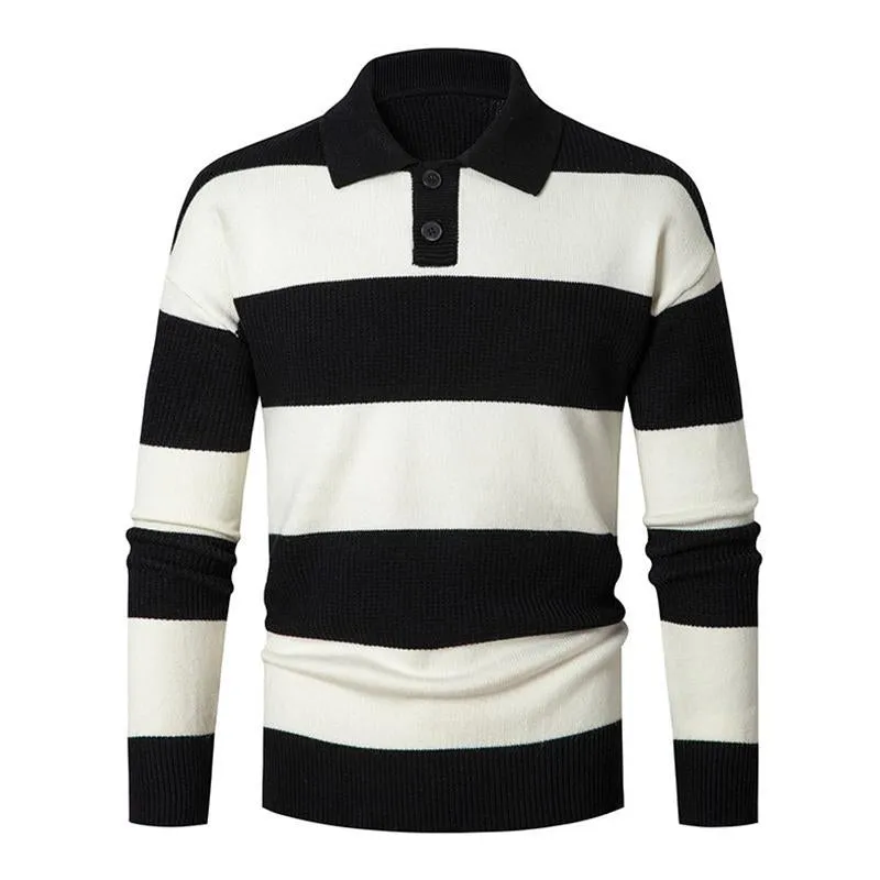 Men's Casual Contrast Color Striped Polo Collar Long Sleeve Loose Sweater 13307346M sold by Manly