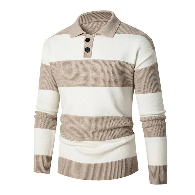 Men's Casual Contrast Color Striped Polo Collar Long Sleeve Loose Sweater 13307346M sold by Manly product image thumbnail 4