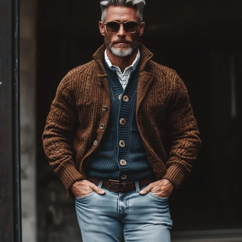 Men's Retro Jacquard Stand Collar Single Breasted Slim Fit Knit Cardigan 96875420M sold by Manly product image thumbnail 3