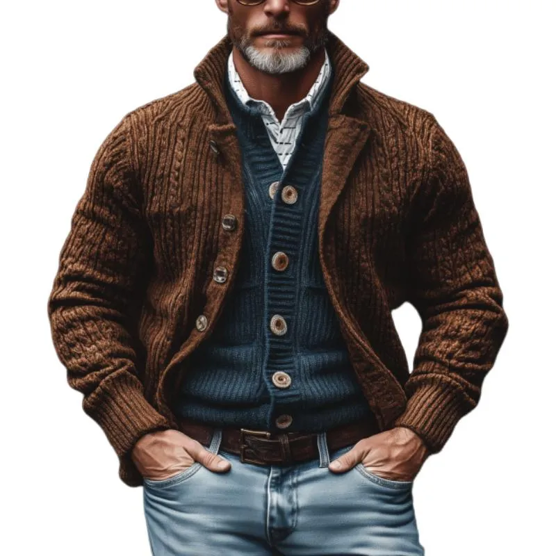 Men's Retro Jacquard Stand Collar Single Breasted Slim Fit Knit Cardigan 96875420M sold by Manly