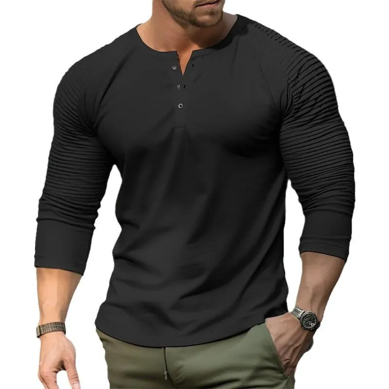 Men's Casual Solid Color Round Neck Slim Pleated Long Sleeve T-Shirt 72308906M sold by Manly