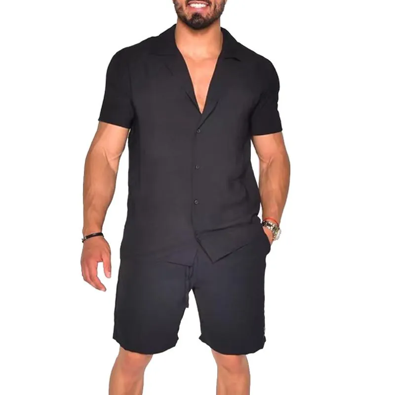 Men's Solid Loose Lapel Single Breasted Short Sleeve Shirt Shorts Set 03456320Z sold by Manly