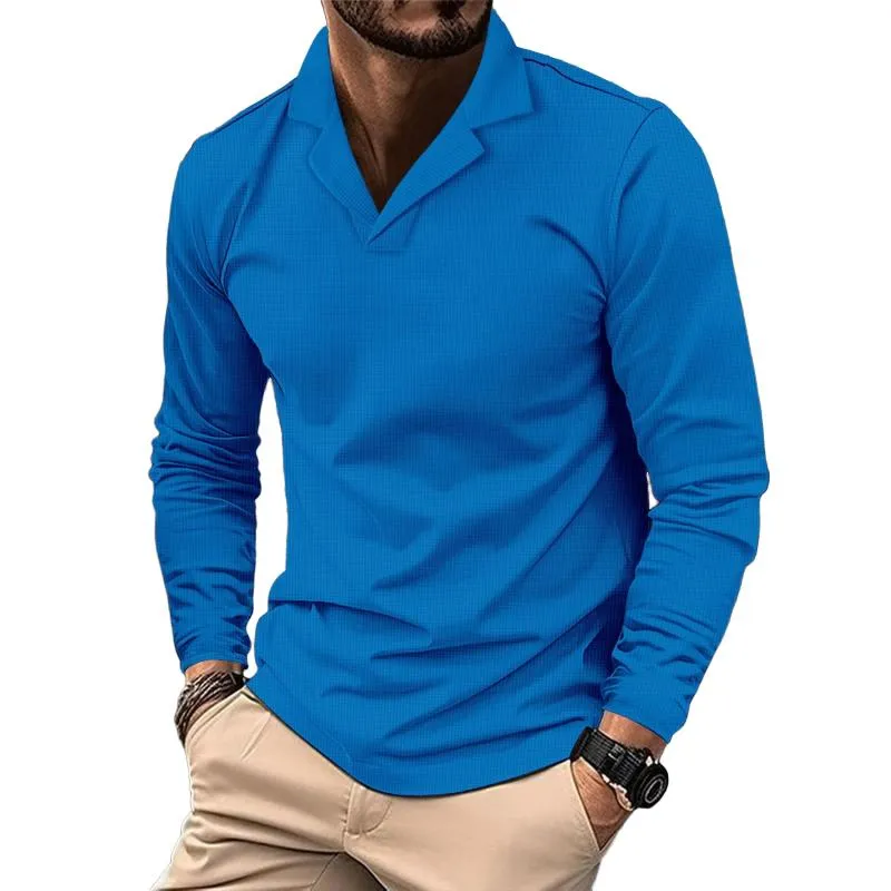 Men's Solid Color Waffle Lapel Long Sleeve Polo Shirt 82318012Z sold by Manly