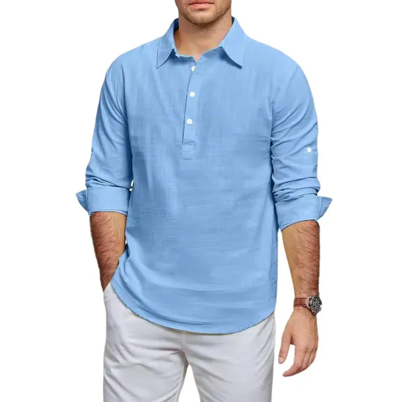 Men's Casual Cotton Linen Lapel Pullover Long Sleeve Shirt 82857030M sold by Manly