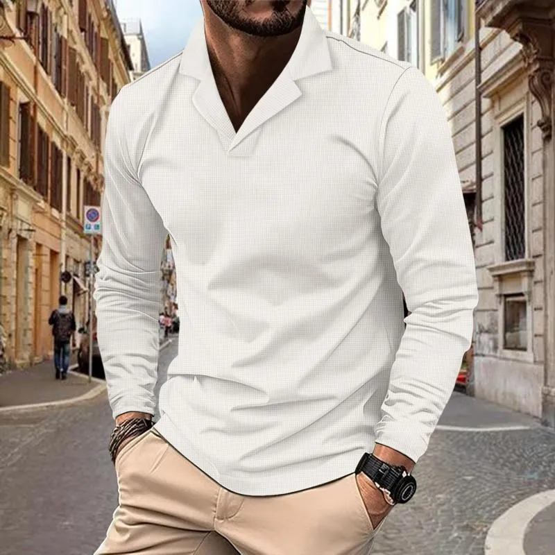 Men's Solid Color Waffle Lapel Long Sleeve Polo Shirt 82318012Z sold by Manly product image thumbnail 4