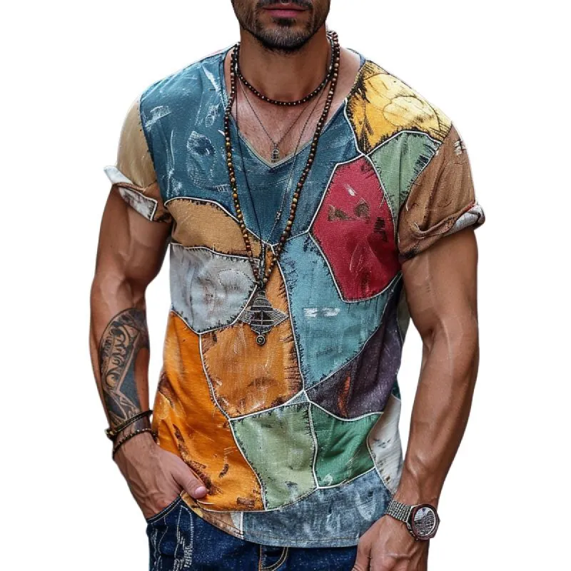 Men's Casual V-neck Color Block Printed Short-sleeved T-shirt 15655928M sold by Manly