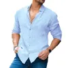 Men's Casual Solid Color Cotton Linen Lapel Long Sleeve Shirt 45043443M sold by Manly