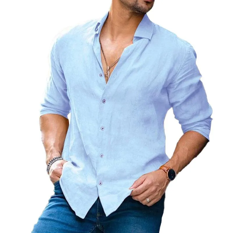 Men's Casual Solid Color Cotton Linen Lapel Long Sleeve Shirt 45043443M sold by Manly product image thumbnail 3