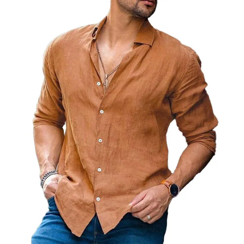 Men's Casual Solid Color Cotton Linen Lapel Long Sleeve Shirt 45043443M sold by Manly