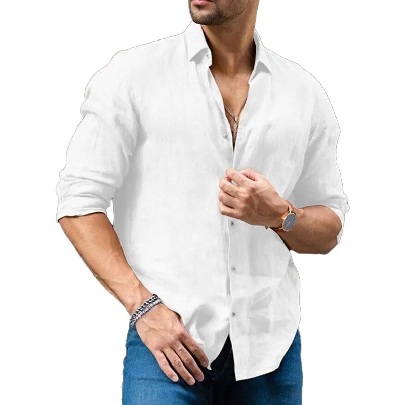 Men's Casual Solid Color Cotton Linen Lapel Long Sleeve Shirt 45043443M sold by Manly product image thumbnail 2