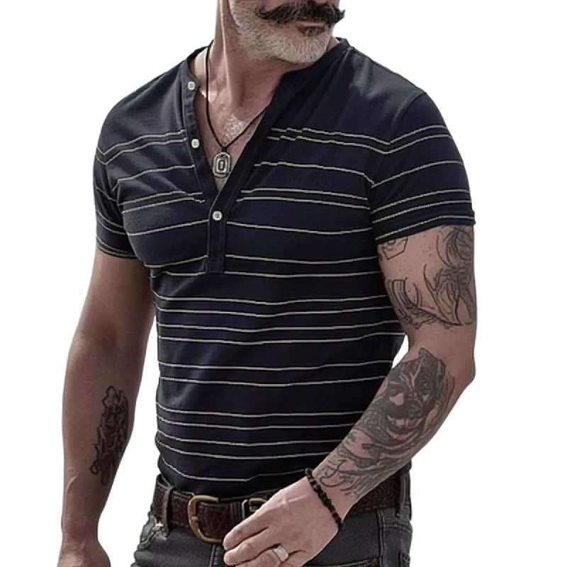 Men's Striped Henley Collar Short Sleeve T-shirt 07322648Z sold by Manly