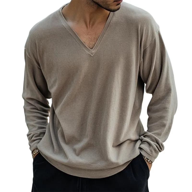 Men's Retro Casual Solid Color V-Neck Long Sleeve T-Shirt 08855123TO sold by Manly