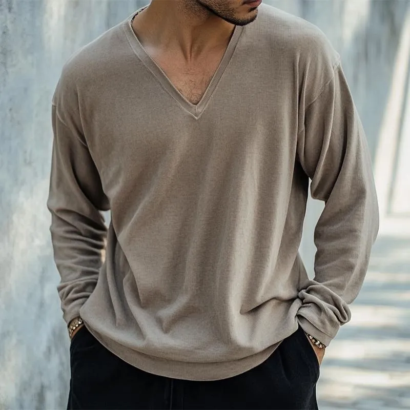 Men's Retro Casual Solid Color V-Neck Long Sleeve T-Shirt 08855123TO sold by Manly product image thumbnail 2