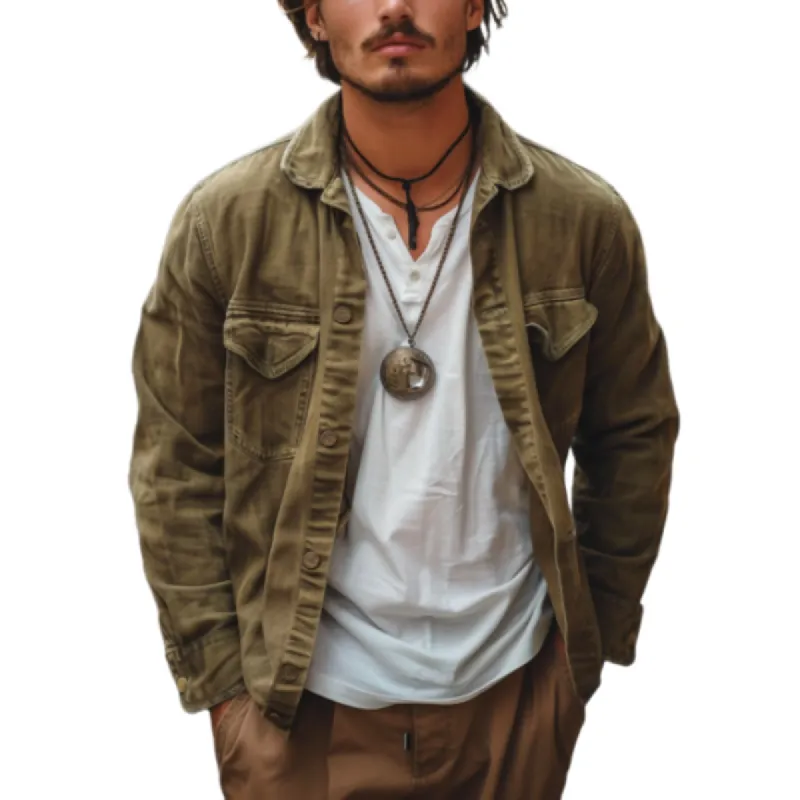 Men's Casual Washed Canvas Lapel Loose Single-breasted Jacket 01311752M sold by Manly