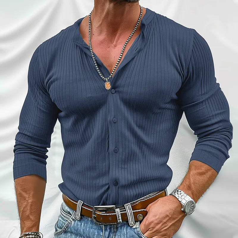 Men's Solid Color Striped Round Neck Long Sleeve Shirt 10023962Z sold by Manly product image thumbnail 3