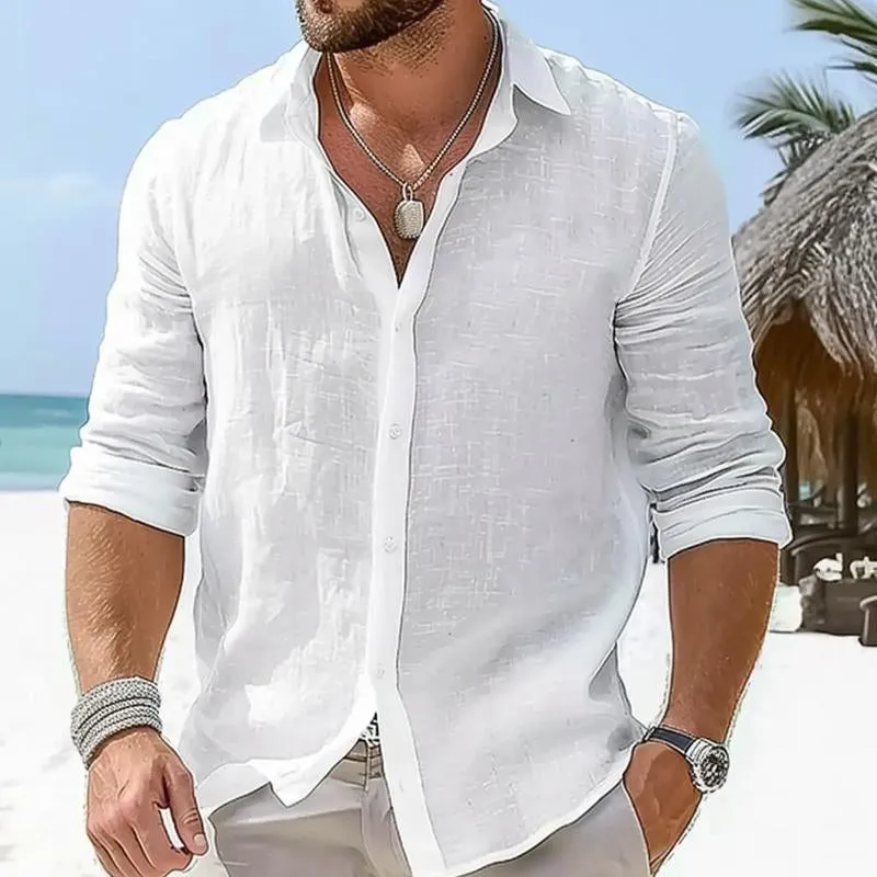 Men's Cotton and Linen Casual Solid Color Lapel Shirt 77422179X sold by Manly product image thumbnail 5