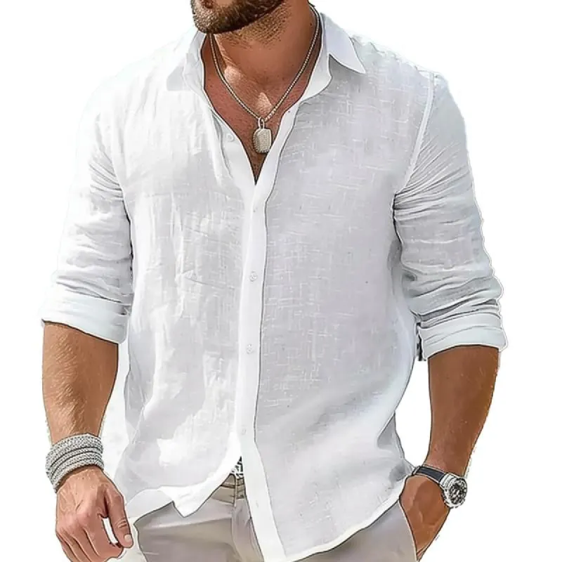 Men's Cotton and Linen Casual Solid Color Lapel Shirt 77422179X sold by Manly