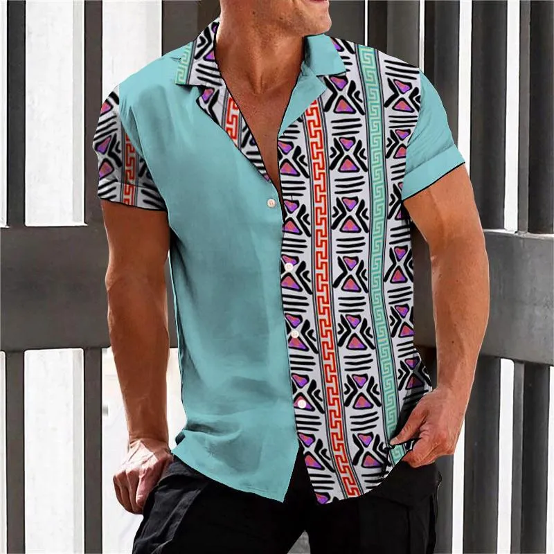 Men's Retro Ethnic Color Block Lapel Short Sleeve Shirt 45580920TO sold by Manly product image thumbnail 2
