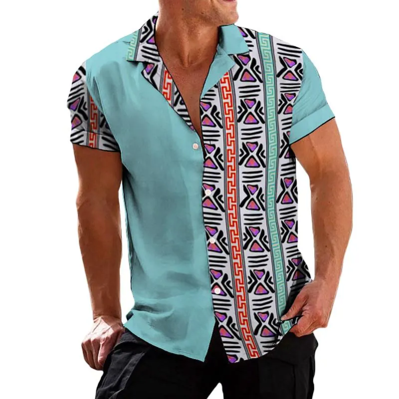 Men's Retro Ethnic Color Block Lapel Short Sleeve Shirt 45580920TO sold by Manly