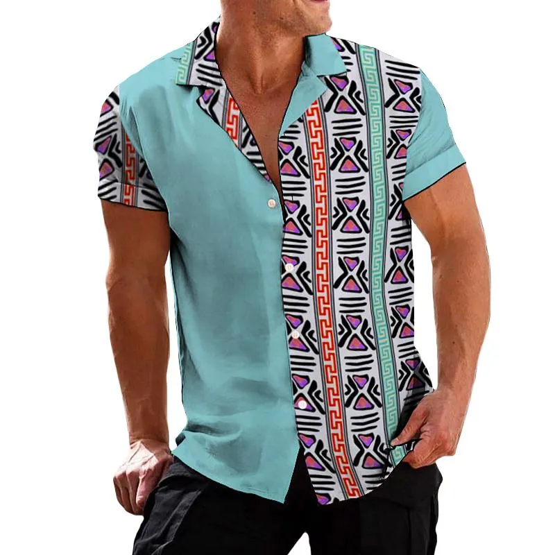 Men's Retro Ethnic Color Block Lapel Short Sleeve Shirt 45580920TO sold by Manly