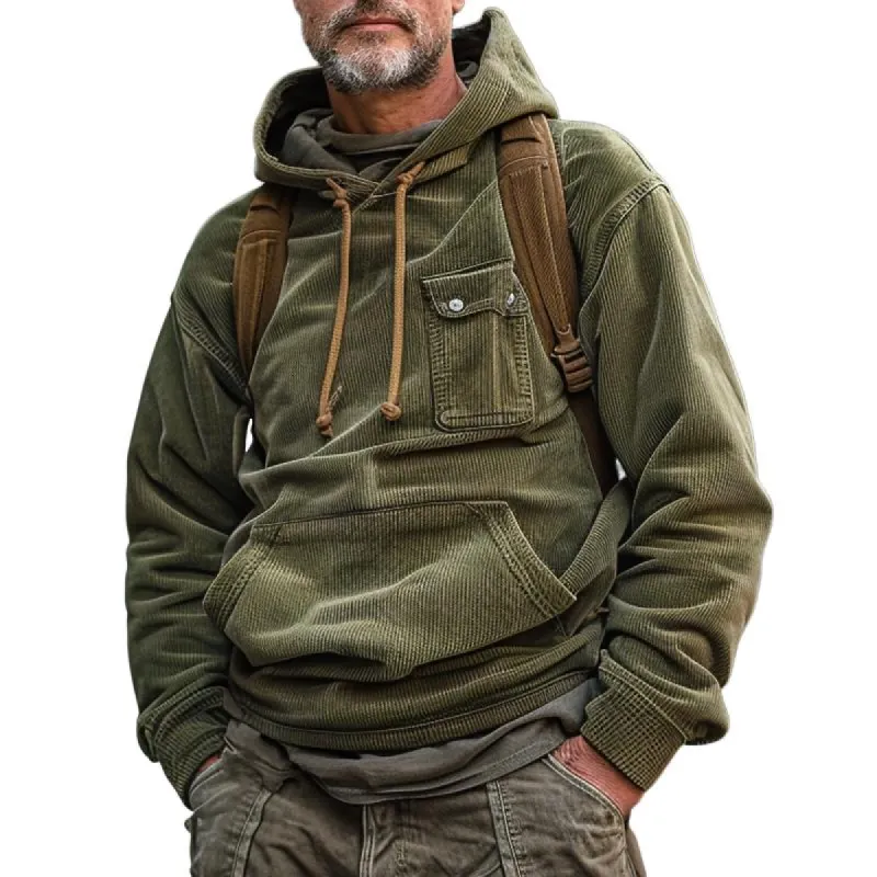 Men's Corduroy Solid Color Loose Long Sleeve Cargo Style Hoodie 93175157Z sold by Manly