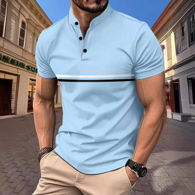 Men's Striped Henley Collar Stand Collar Short Sleeve T-Shirt 61516861Y sold by Manly product image thumbnail 3