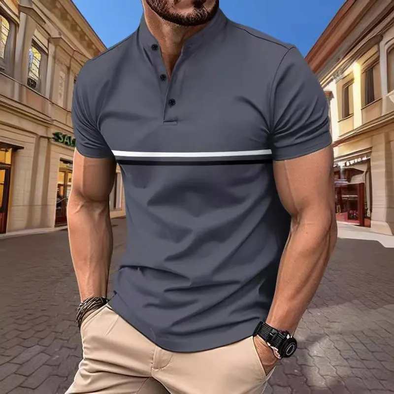 Men's Striped Henley Collar Stand Collar Short Sleeve T-Shirt 61516861Y sold by Manly product image thumbnail 4
