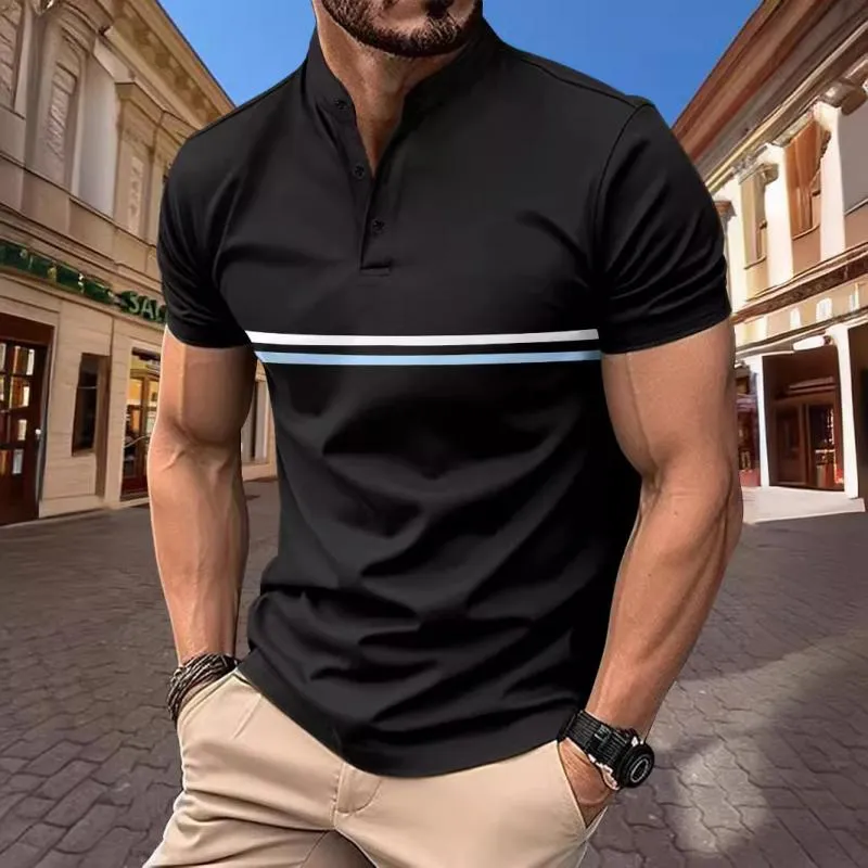 Men's Striped Henley Collar Stand Collar Short Sleeve T-Shirt 61516861Y sold by Manly product image thumbnail 2