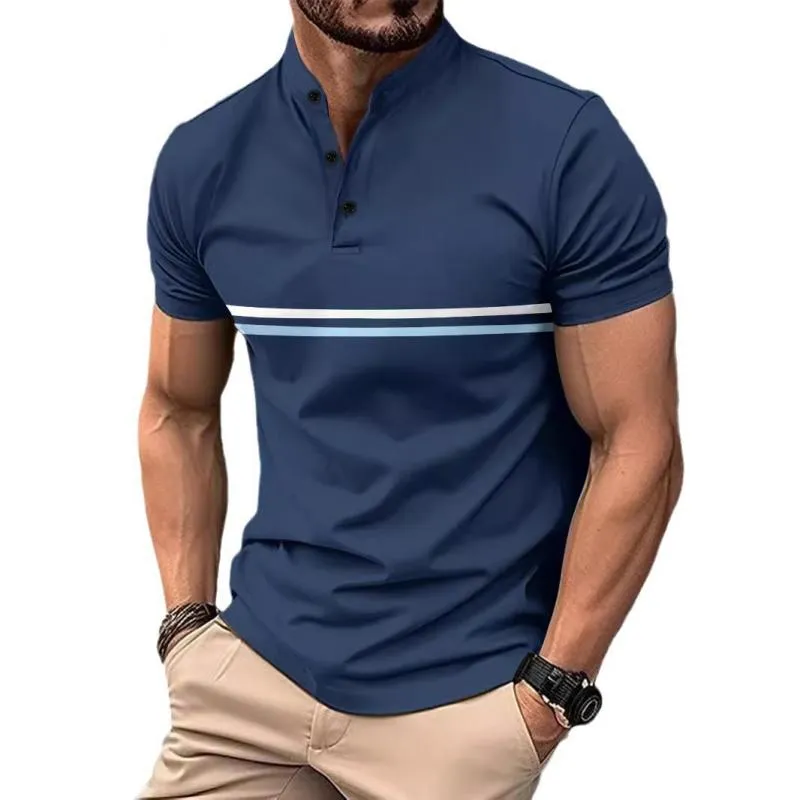 Men's Striped Henley Collar Stand Collar Short Sleeve T-Shirt 61516861Y sold by Manly