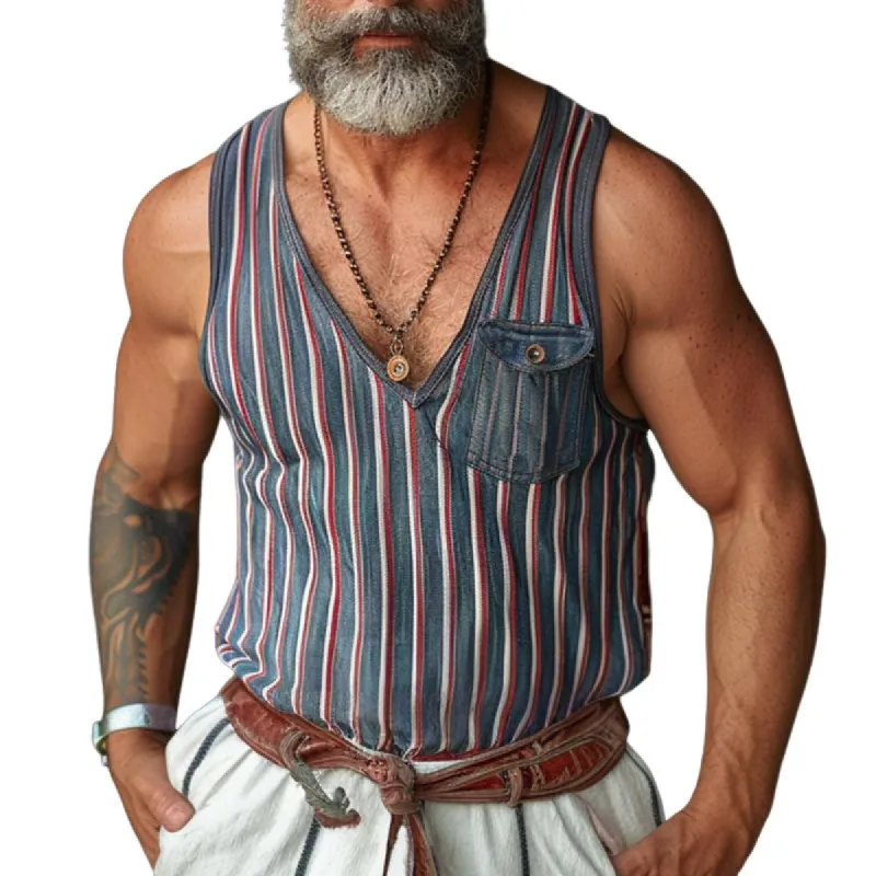 Men's Striped Printed Chest Pocket V-Neck Sleeveless Tank Top 69554366Y sold by Manly