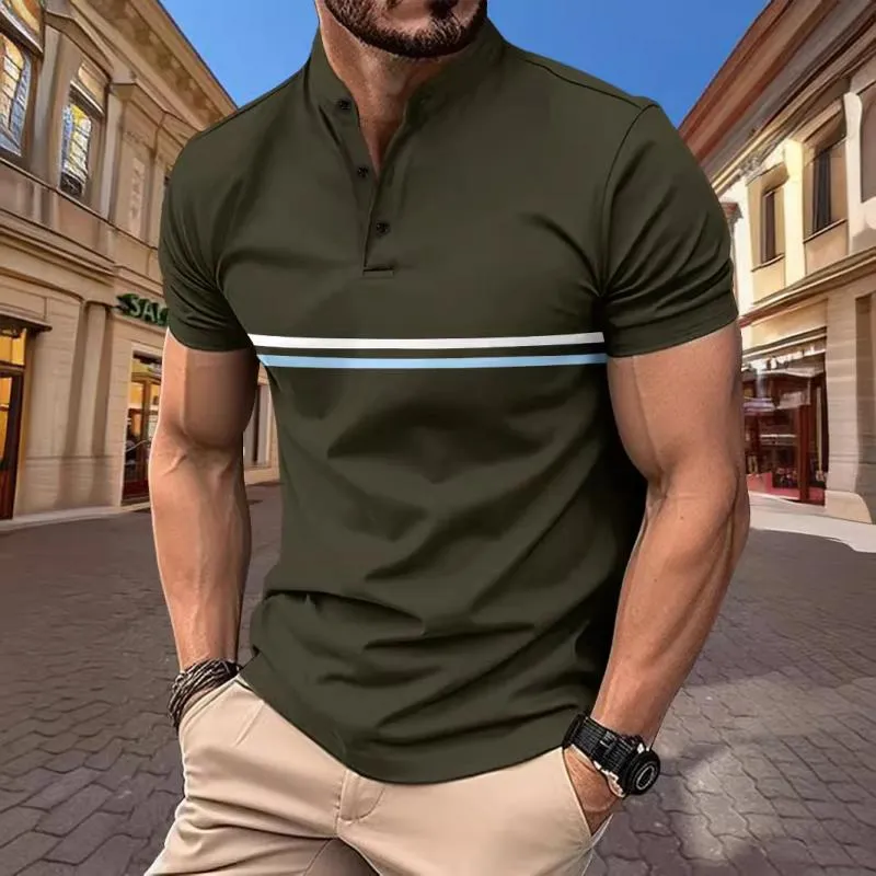 Men's Striped Henley Collar Stand Collar Short Sleeve T-Shirt 61516861Y sold by Manly product image thumbnail 5