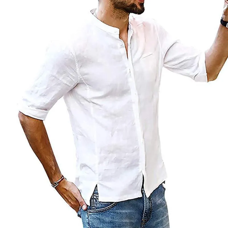 Men's Casual Solid Color Stand Collar Cotton Linen Long Sleeve Shirt 34879715M sold by Manly