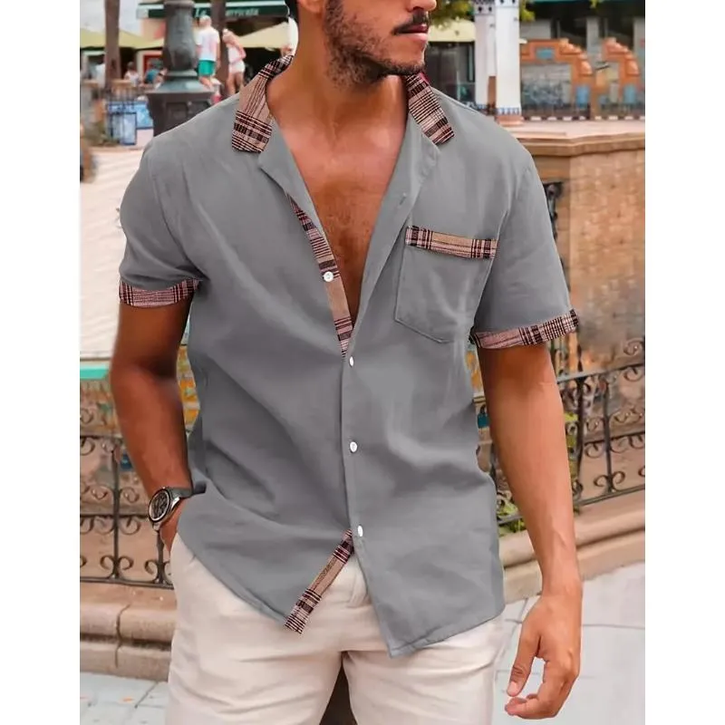 Men's Plaid Pocket Patchwork Short-Sleeved Shirt 99891914Y sold by Manly product image thumbnail 3