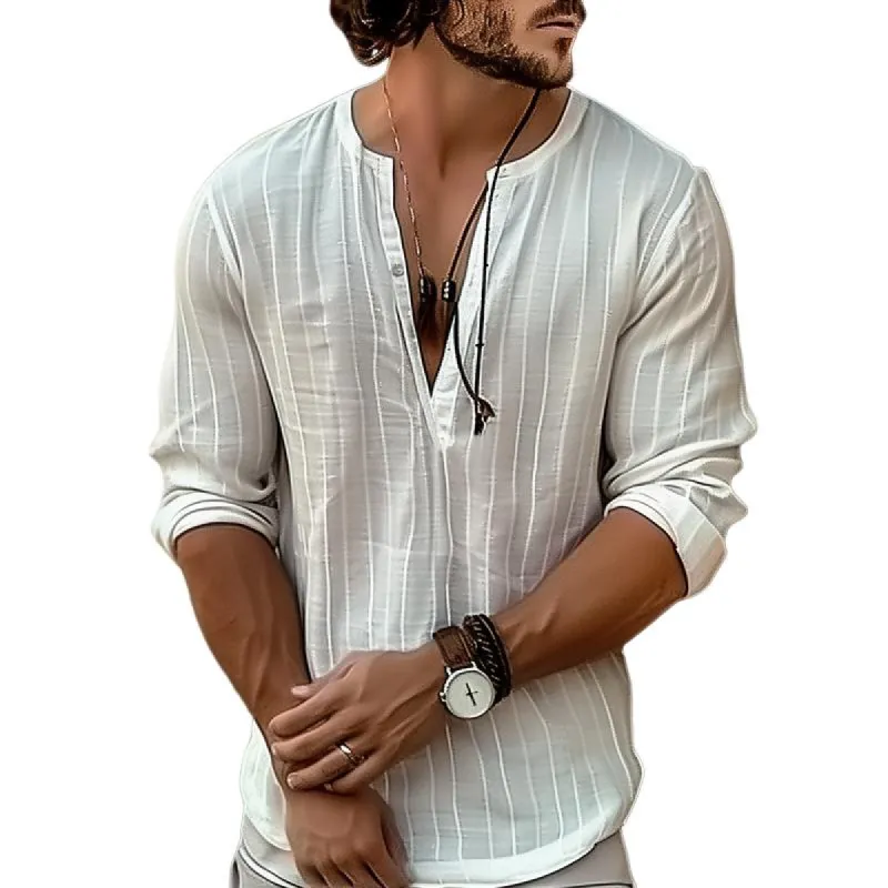 Men's Solid Striped Henley Collar Long Sleeve Shirt 25040678Z sold by Manly