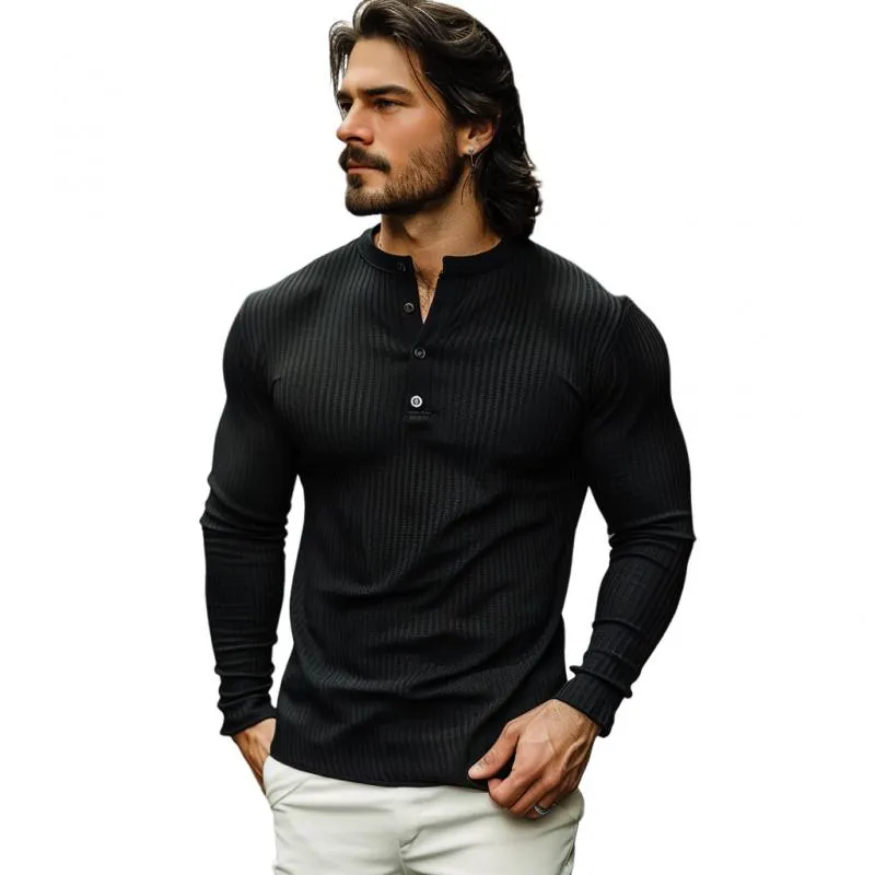 Men's Casual Stripe Henley Collar Slim Fit Long Sleeve T-Shirt 81532352M sold by Manly