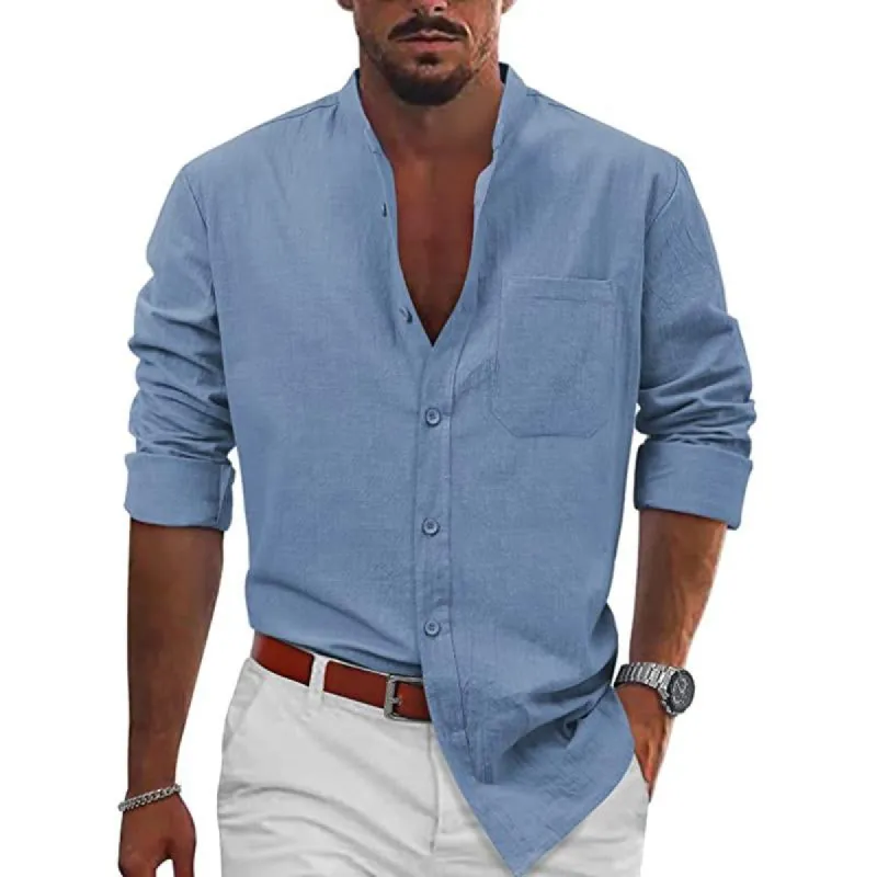 Men's Casual Solid Color Stand Collar Slim Cotton Linen Long Sleeve Shirt 71104955M sold by Manly