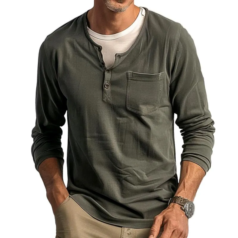 Men's Casual Vintage Henley Collar Pocket T-Shirt 13064028TO sold by Manly
