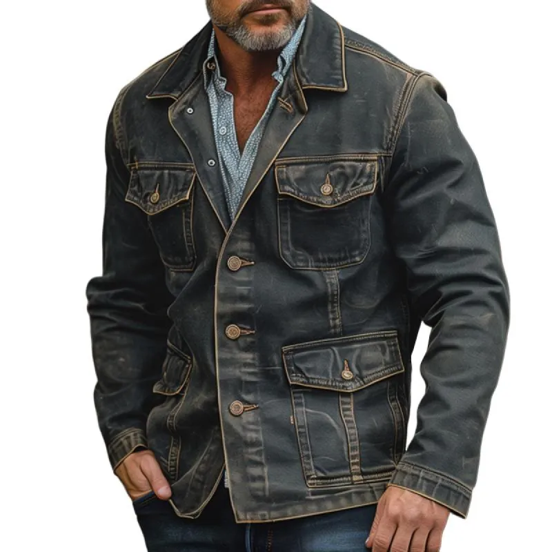 Men's Vintage Washed Distressed Notch Lapel Multi-pocket Denim Blazer 18546732M sold by Manly