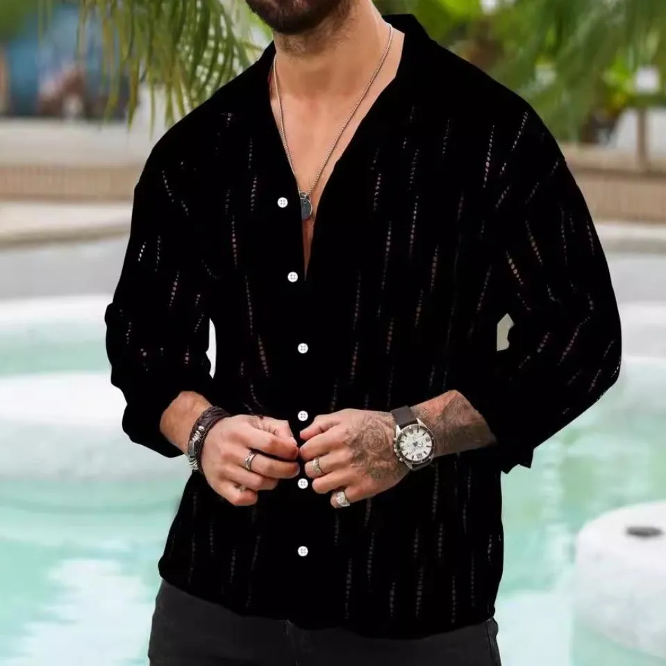 Men's Retro Casual Solid Color Hollow Long Sleeve Shirt 83265909TO sold by Manly product image thumbnail 5