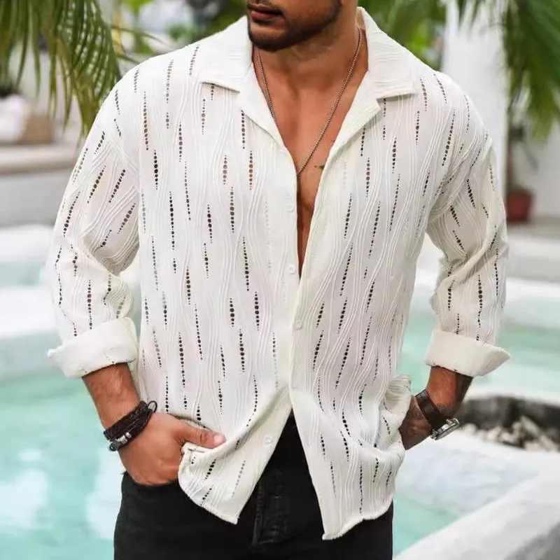 Men's Retro Casual Solid Color Hollow Long Sleeve Shirt 83265909TO sold by Manly product image thumbnail 2