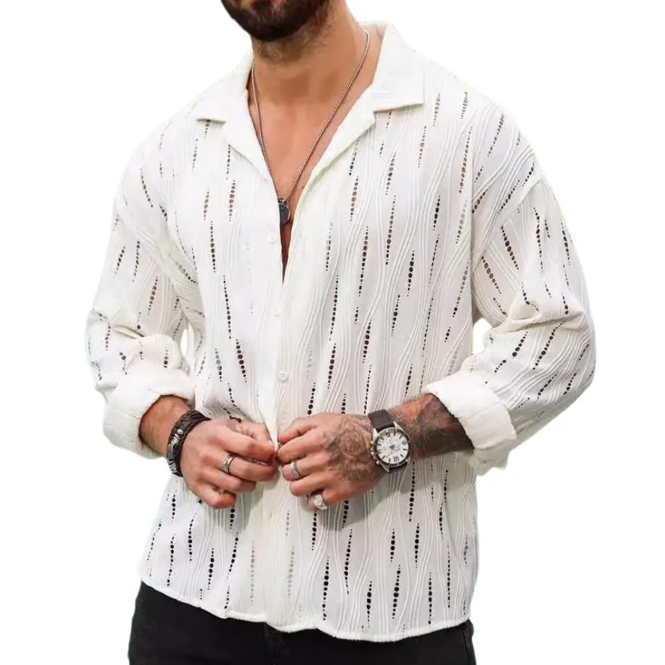 Men's Retro Casual Solid Color Hollow Long Sleeve Shirt 83265909TO sold by Manly
