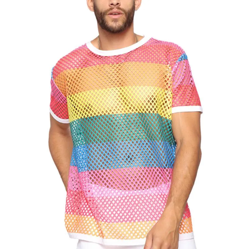 Men's Casual Rainbow Striped Round Neck Grid Hollow Short Sleeve T-Shirt 03917254M sold by Manly
