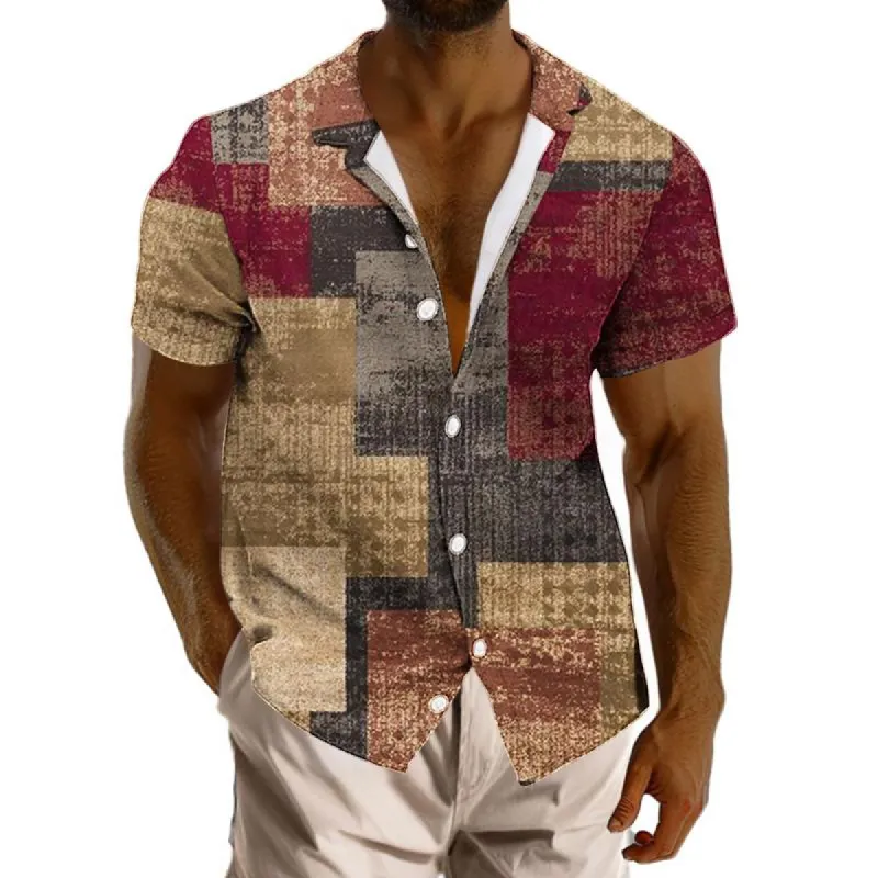 Men's Printed Colorblock Lapel Short Sleeve Shirt 34572596X sold by Manly