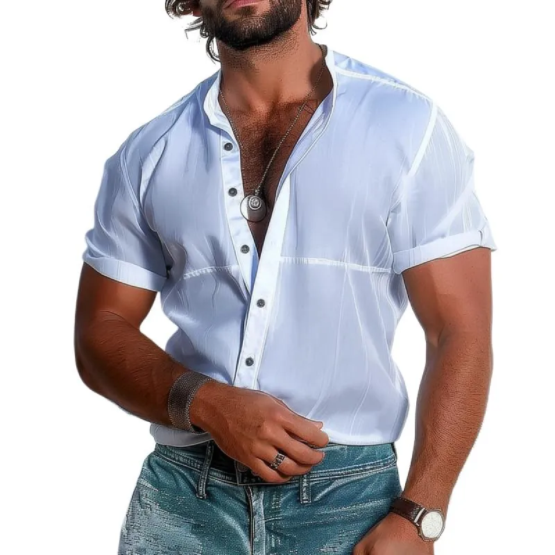 Men's Stand Collar Short Sleeve Casual Shirt 74029862Z sold by Manly