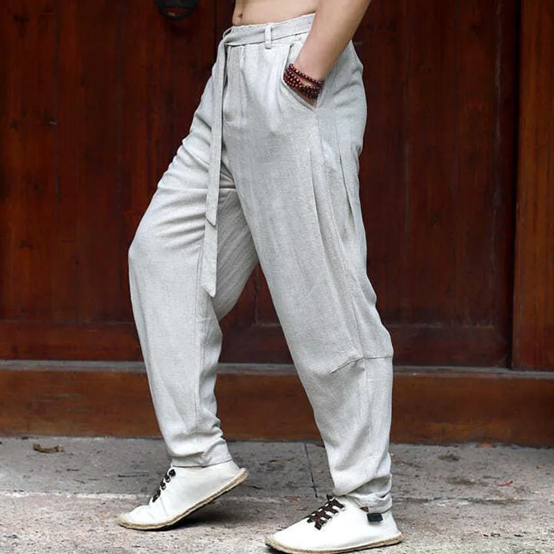 Men's Solid Color Cotton And Linen Loose With Belt Trousers 24480296Z sold by Manly product image thumbnail 3