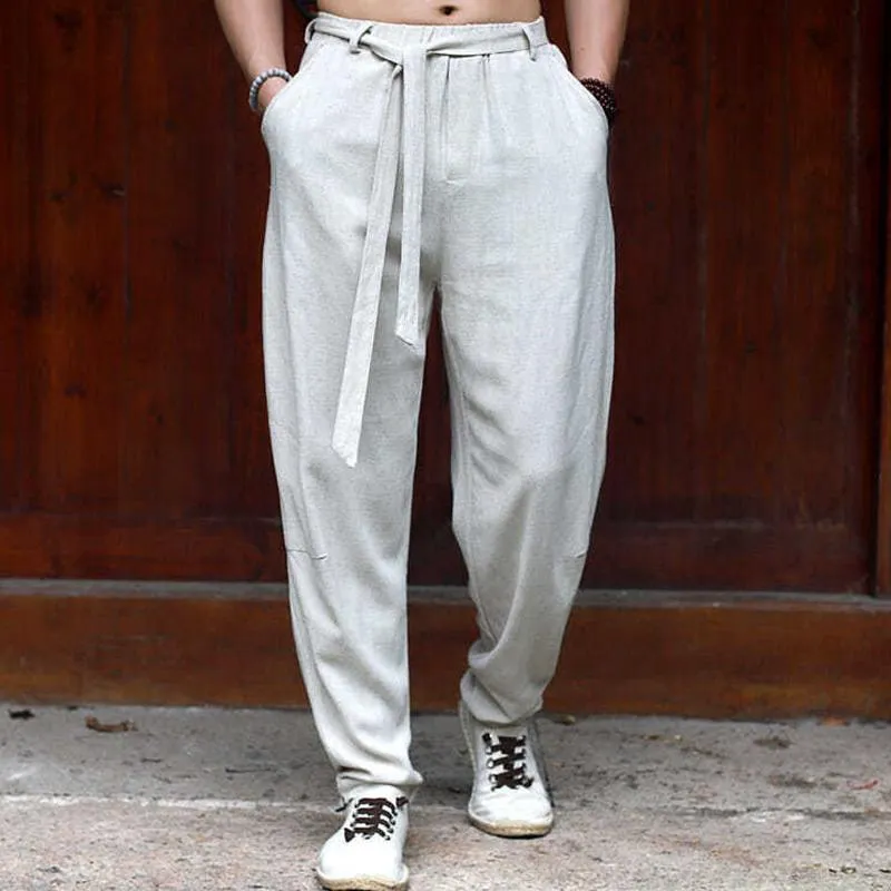 Men's Solid Color Cotton And Linen Loose With Belt Trousers 24480296Z sold by Manly product image thumbnail 2
