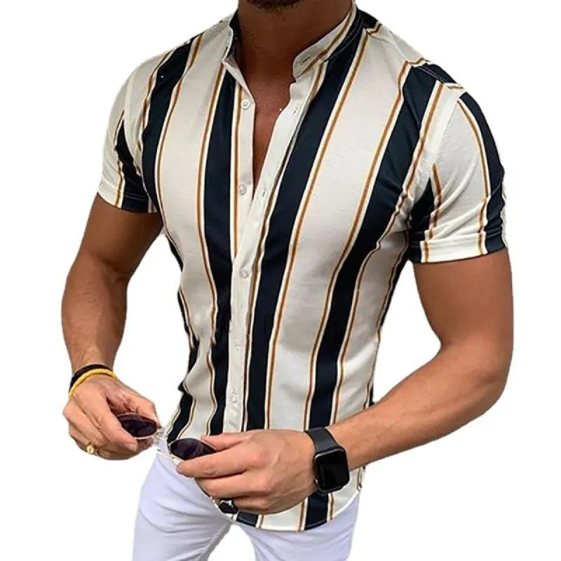 Men's Retro Casual Striped Stand Collar Shirt 79883502TO sold by Manly