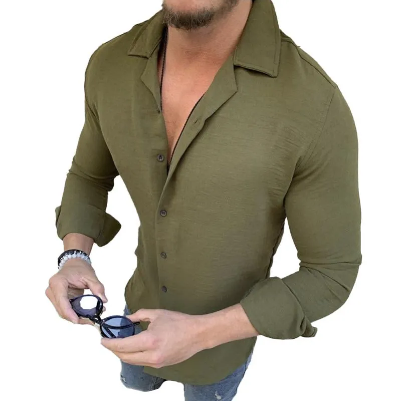 Men's Vintage Solid Color Lapel Long Sleeve Shirt 64995460Y sold by Manly