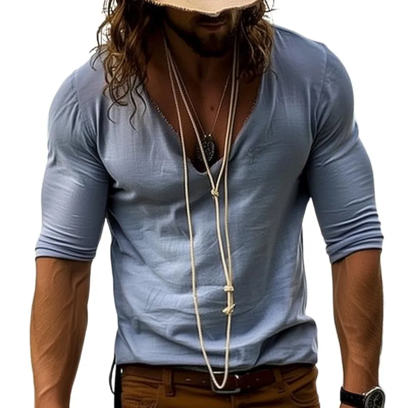 Men's Casual Retro U-neck Long Sleeve T-shirt 26948215TO sold by Manly
